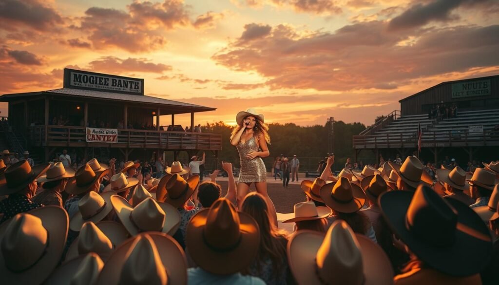 A vibrant and energetic rodeo concert scene under the warm glow of the evening sun. In the foreground, a lively crowd of spectators cheers on the performers, their cowboy hats and boots creating a stylish, Western-inspired fashion display. In the middle ground, a talented singer commands the stage, her sequined dress and flowing hair capturing the spirit of the event. The background features a rustic, wooden arena with weathered bleachers, set against a backdrop of dusky, amber-hued skies, creating a sense of nostalgia and excitement. The overall atmosphere is one of celebration, energy, and the embracing of the rodeo lifestyle.