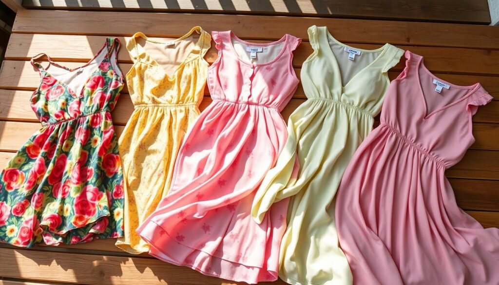 A vibrant and stylish collection of summer dresses, each priced under $50, lays artfully arranged on a sun-drenched wooden table. The dresses, made of lightweight, breathable fabrics, feature a variety of colors and patterns - from bold floral prints to delicate pastel hues. The camera captures the dresses from a slightly elevated angle, showcasing their intricate details and flattering silhouettes. Soft, diffused natural lighting bathes the scene, creating a warm, inviting atmosphere that evokes the carefree spirit of summer. The overall composition emphasizes the visual appeal and affordability of these versatile fashion pieces, perfect for any summer occasion.