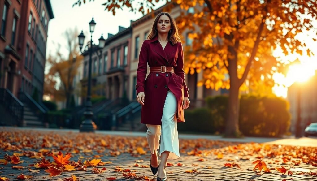A vibrant autumn landscape unfolds, showcasing the transition from summer to fall fashion. In the foreground, a stylish model struts down a cobblestone street, clad in a chic knee-length trench coat in rich burgundy, cinched at the waist with a classic leather belt. Crisp, white culottes and sleek black pumps complete the ensemble, exuding an effortless elegance. The mid-ground features a mix of falling leaves in warm hues of red, gold, and amber, creating a whimsical, seasonal backdrop. In the distance, stately brownstone buildings and a wrought-iron lamppost set the urban, autumnal scene, bathed in the soft, golden light of a setting sun. This captivating image conveys the essence of transitional fall fashion, blending timeless style with the changing of the seasons.