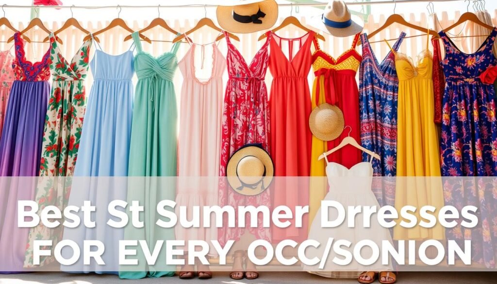 A vibrant collection of summer dresses, arranged in a visually captivating display. The foreground features a diverse array of stylish dresses, ranging from flowing maxi dresses to playful sundresses, each showcasing a unique design and color palette. The middle ground highlights accessories like sun hats, sandals, and jewelry that complement the dresses, creating a cohesive summer-inspired ensemble. The background depicts a bright, sun-drenched setting, with a soft, hazy glow illuminating the scene. The overall composition exudes a sense of warmth, joy, and effortless fashion, perfectly capturing the essence of the best summer dresses for every occasion.