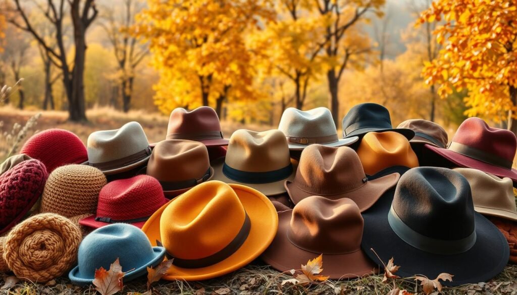 A vibrant display of autumn hats, arranged in a natural setting. In the foreground, a selection of cozy knitted berets, fedoras, and wide-brimmed felt hats in rich, seasonal hues of rust, mustard, and deep burgundy. The middle ground features various structured caps and bucket hats in muted tones of olive, ochre, and chestnut, complementing the falling leaves and earthy backdrop. The background is a scenic landscape of autumnal foliage, bathed in warm, golden light filtering through the trees, creating a sense of seasonal tranquility. The entire composition evokes the essence of fall fashion, with a focus on the refined elegance and timeless appeal of these carefully curated headpieces.