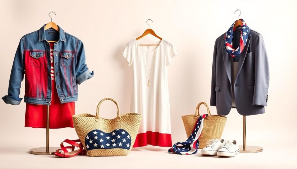 A vibrant display of patriotic fashion essentials on a clean, well-lit studio backdrop. In the foreground, an assortment of affordable apparel items in red, white, and blue hues - a fitted denim jacket, a casual t-shirt dress, and a structured blazer. In the middle ground, complementary accessories like a woven tote bag, a star-spangled scarf, and a pair of canvas sneakers. The lighting is soft and diffused, creating a warm, inviting atmosphere that highlights the texture and quality of the budget-friendly finds. The overall composition emphasizes the versatility and accessibility of chic patriotic style for everyday wear.