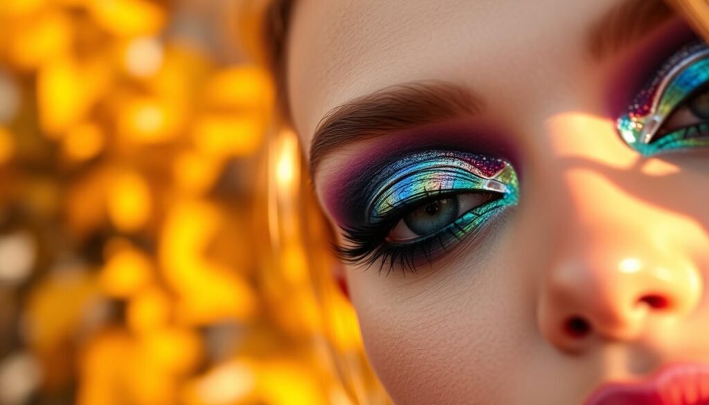 A vibrant fall makeup look with bold color pops. In the foreground, a close-up view of a model's face, featuring striking eyeshadow in a rich, jewel-toned palette of blues, greens, and purples. Metallic accents catch the light, creating a shimmering, almost holographic effect. In the midground, a blurred background of golden autumn leaves, hinting at the changing season. Soft, diffused lighting from the side bathes the scene in a warm, golden glow, emphasizing the vivid color contrasts. The overall mood is one of bold, unapologetic creativity and artistic self-expression, perfect for ushering in a new, energetic fall makeup look.