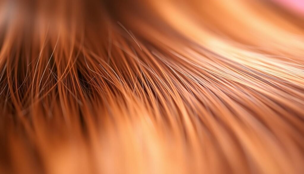 A vibrant, richly textured close-up of human hair extensions, showcasing the benefits of NBR (Natural Blended Remy) hair. The hair strands appear lush, lustrous, and silky, with natural-looking highlights and lowlights. The lighting is soft and diffused, creating a warm, inviting atmosphere. The focus is on the middle ground, with the hair filling the frame and the background subtly blurred, drawing the viewer's attention to the detailed structure and quality of the extensions. The overall mood is one of luxurious, high-end hair care, highlighting the natural beauty and versatility of NBR hair extensions.