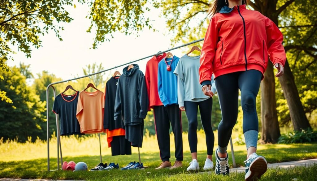 A vibrant, seasonal display of athleisure trends, captured under warm, natural lighting. In the foreground, a stylish individual strides forward, wearing an array of on-trend athletic apparel - a sleek, colorful windbreaker, coordinating leggings, and breathable, high-performance sneakers. The middle ground showcases a variety of complementary athleisure pieces, including knit hoodies, moisture-wicking t-shirts, and supportive sports bras in a range of colors and patterns. In the background, a lush, verdant setting evokes the essence of the current season, creating a harmonious, aspirational atmosphere.