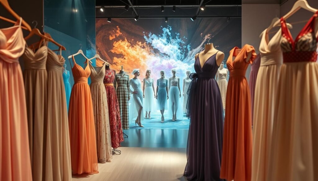 A vibrant, seasonal fashion display depicting the evolution of summer dress trends through the ages. In the foreground, a series of elegantly draped dresses in flowing fabrics and pastel hues, representing the timeless charm of vintage summer styles. The middle ground showcases a diverse array of contemporary silhouettes, from airy sundresses to bold, modern designs. In the background, a dreamlike vision of future seasonal fashion emerges, with innovative textures, avant-garde cuts, and a color palette that evokes the warmth and energy of the summer season. Soft, diffused lighting casts a warm, nostalgic glow over the scene, while a subtle depth of field emphasizes the layered, dynamic nature of seasonal dress trends.