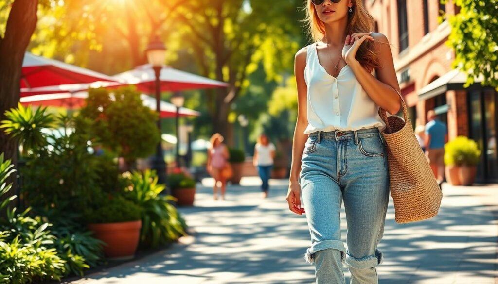 A vibrant summer day with warm, golden sunlight filtering through the trees. In the foreground, a young woman strolling down a city street, wearing a pair of light-wash, high-waisted jeans cuffed at the ankles. She pairs them with a sleeveless white blouse, tucked in neatly, and a straw tote bag slung over her shoulder. In the middle ground, a few other passersby are visible, also dressed in summer-appropriate jeans outfits. The background features lush greenery, cafe umbrellas, and the facade of a charming brick building. The overall scene exudes a relaxed, carefree vibe, showcasing stylish yet practical jeans-based looks perfect for the warm weather.