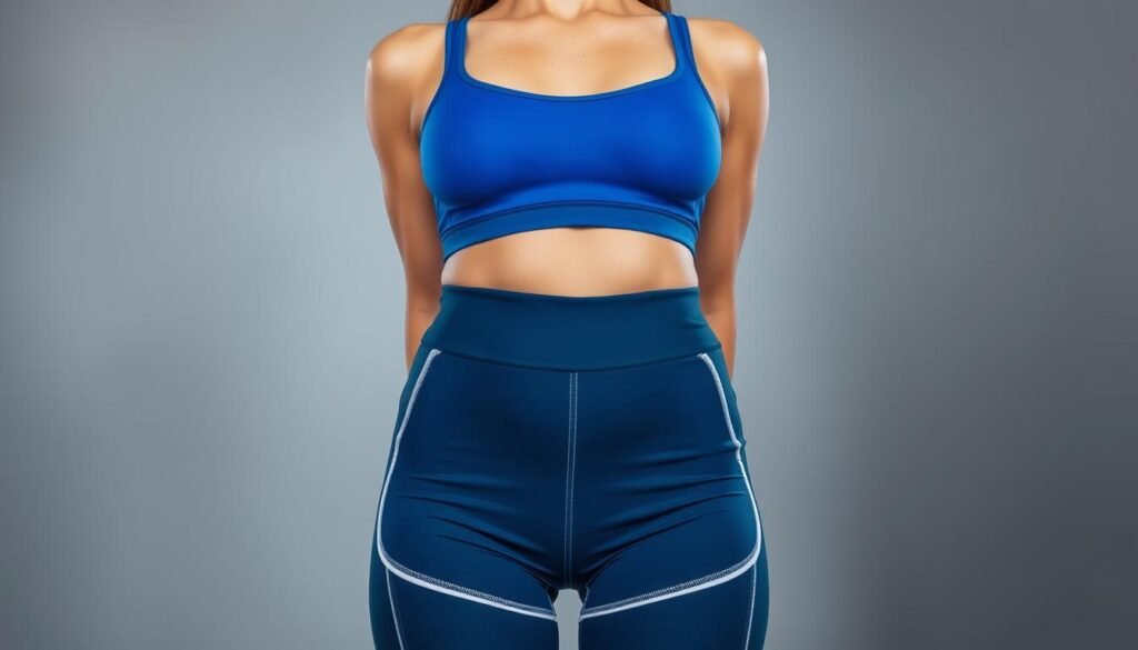 A vibrant, well-coordinated biker shorts outfit captured in a studio setting. In the foreground, a pair of high-waisted, navy blue biker shorts with contrasting white piping and a sleek, form-fitting silhouette. In the middle ground, a matching sports bra in a complementary shade of blue, accentuating the athletic figure. The background features a neutral grey seamless backdrop, illuminated by soft, diffused lighting that creates a flattering, studio-quality aesthetic. The overall composition emphasizes the harmonious color palette and the confident, sporty vibe of the biker shorts ensemble.