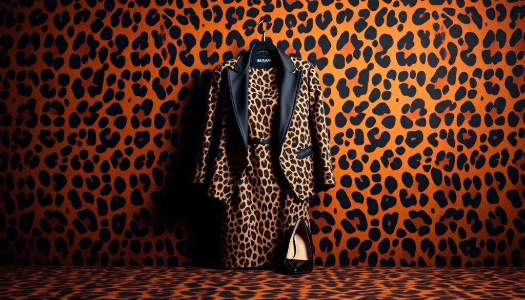 A visually striking leopard print backdrop, with a rich, glossy texture that commands attention. In the foreground, a central arrangement of fashion items that embody the essential styling rules - a sleek leopard print dress, a tailored blazer with subtly contrasting spots, and a pair of patent leather pumps. The lighting casts a warm, sultry glow, highlighting the luxurious sheen of the fabrics. The composition is balanced, with the items positioned to create a sense of harmony and elegance. The overall mood is one of confident, effortless style - a visual representation of the "Leopard Outfits That Make a Bold Statement" theme.
