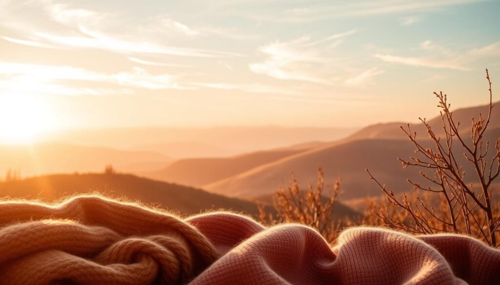A warm, autumnal color palette of soft, earthy tones fills the frame. In the foreground, a harmonious arrangement of muted shades - ochre, terracotta, and dusty rose - creates a cozy, inviting atmosphere. Textures like knitted fabrics, suede, and natural fibers add depth and tactility to the scene. The middle ground features gently undulating hills, their contours softened by the mellow golden light of an autumn sunset. Wisps of wispy clouds drift across a hazy, cerulean sky, casting delicate shadows that mingle with the colors below. An overall sense of tranquility and timeless elegance pervades the image, evoking the comforting essence of the changing seasons.