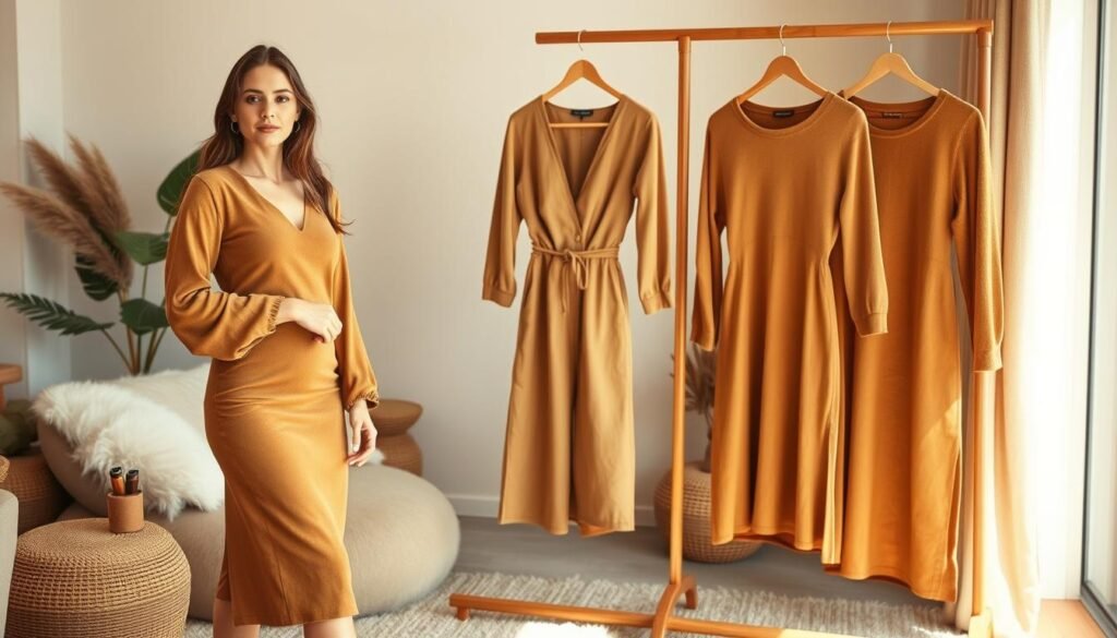 A warm, luxurious scene of tan outfits in a cozy, inviting setting. In the foreground, a model poses gracefully in a tan suede midi dress with a fitted silhouette and flowing sleeves. She stands in a soft, diffused lighting, her expression serene and confident. In the middle ground, a tan linen jumpsuit and a tan cashmere sweater dress hang artfully on a wooden rack, their textures and hues complementing each other. The background features a neutral-toned room with plush textiles, natural wood accents, and a hint of greenery, creating an atmosphere of refined elegance and timeless style.