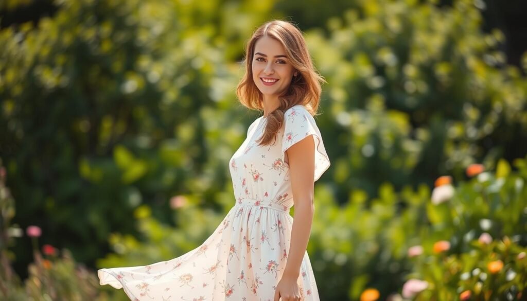 A warm, sunny day in a lush garden setting. A young woman gracefully models a beautiful summer midi dress with a flowing, A-line silhouette and delicate floral patterns. The dress has a high waist that flatters her figure, and the sleeves are short and airy. The woman's hair is styled in soft waves, and she wears simple, natural-looking makeup. The lighting is soft and diffused, creating a glowing, ethereal effect. The background features a blurred, verdant landscape with vibrant greenery and a few colorful blooms. The overall mood is one of effortless elegance and seasonal charm.