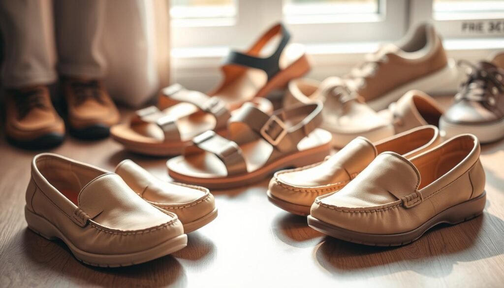 A warm, well-lit photograph showcasing a collection of comfortable senior footwear styles. In the foreground, a pair of soft, flexible leather loafers with cushioned soles and a subtle beige hue. In the middle ground, a set of supportive, orthopedic-style sandals with adjustable straps and a contoured footbed. In the background, a selection of stylish, slip-on sneakers in neutral tones with added arch support and memory foam insoles. The lighting is soft and natural, highlighting the quality craftsmanship and practical design of each footwear option. The overall mood is one of classic elegance and practical comfort, perfectly suited for the discerning older woman.