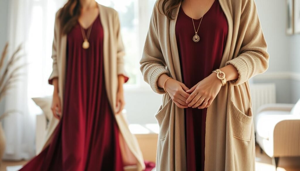 A well-accessorized long cardigan and dress ensemble captured in a soft, natural lighting. In the foreground, a flowing maxi dress in a rich, jewel-toned color, paired with an open, oversized cardigan in a complimentary neutral hue. The cardigan's long silhouette cascades gracefully, creating a beautiful, layered look. In the middle ground, delicate gold jewelry such as a pendant necklace and stacked bracelets add subtle sparkle. The background is a serene, sun-dappled scene, perhaps a cozy living room or bedroom, lending a warm, intimate atmosphere. The overall mood is one of effortless, stylish comfort.