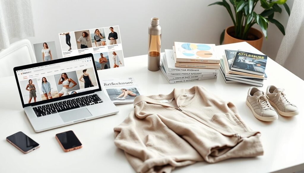 A well-curated set of athleisure fashion resources arranged artfully on a clean, minimalist tabletop. In the foreground, an open laptop displays a collection of inspiring athleisure lookbooks, fitness magazines, and online shopping pages. Nearby, a neatly stacked pile of fashion and fitness books, a smartphone, and a stylish water bottle. The middle ground features a variety of athleisure apparel in neutral tones - a pair of sleek leggings, a cozy zip-up hoodie, and a pair of trendy sneakers. The background is a soft, airy space with natural lighting filtering in, creating a serene, productive atmosphere.