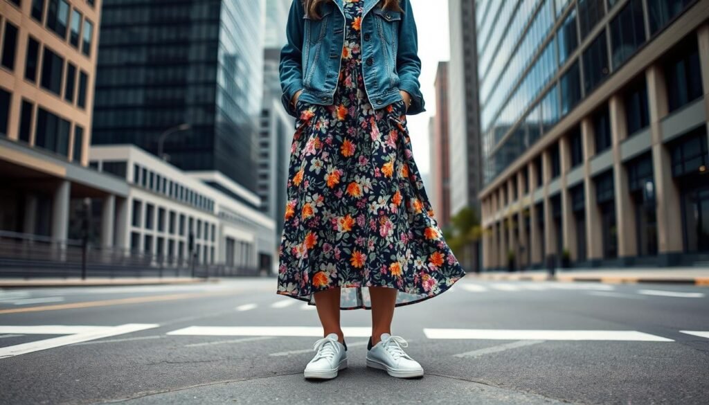A well-dressed person stands in an urban setting, confidently showcasing a playful mix of prints. In the foreground, a flowing midi dress in a vibrant floral pattern contrasts with a pair of classic white sneakers. The mid-ground features a denim jacket with a bold graphic print, adding visual interest. The background depicts a city street with a modern, minimalist aesthetic, framed by towering buildings and a clear, overcast sky. The overall look strikes a balance between high and low, sophisticated and casual, creating a stylish and approachable fashion statement.