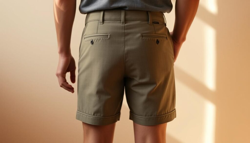 A well-fitted pair of Parker Shorts, meticulously crafted with attention to detail. Centered in the frame, the shorts are showcased against a soft, neutral background, allowing the focus to remain on the garment. The lighting is warm and natural, casting gentle shadows that accentuate the contours and texture of the fabric. The camera angle is slightly elevated, providing a clear view of the waistband and hem, highlighting the thoughtful design and true-to-size fit. The overall atmosphere exudes a sense of simplicity and refinement, reflecting the essential nature of the Parker Shorts.