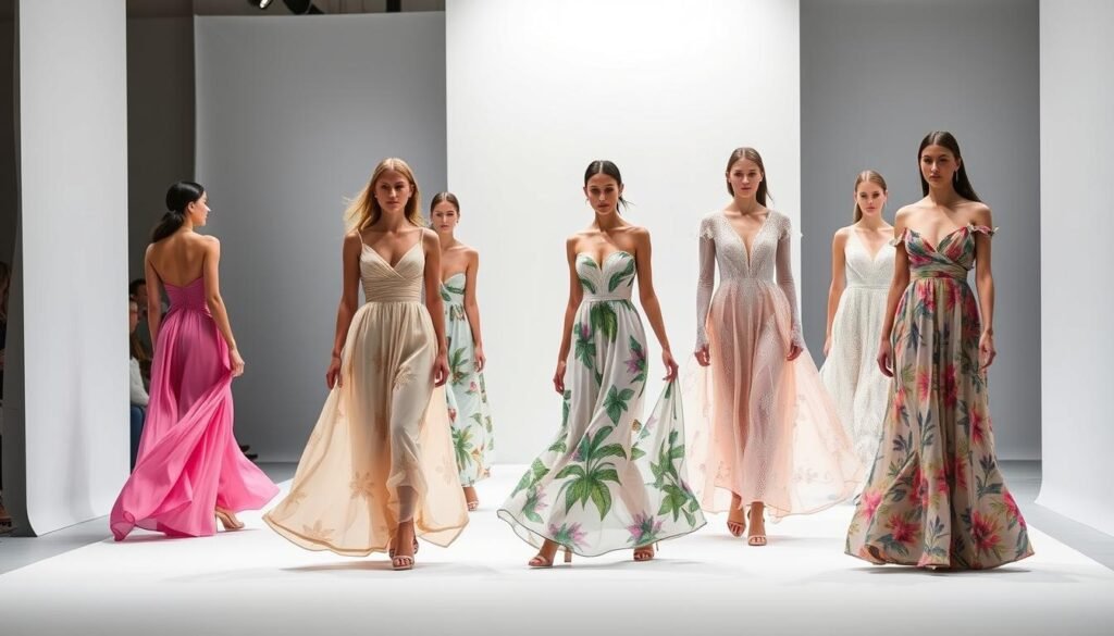 A well-lit fashion runway showcasing a diverse array of elegant summer dresses. The foreground features graceful models in flowing, vibrant fabrics - chiffon, satin, and lace in a variety of pastel hues and tropical prints. The middle ground captures the dresses in motion, accentuating their silhouettes and draping. In the background, a minimalist backdrop with soft, diffused lighting creates a sophisticated, high-fashion ambiance. The overall scene conveys a sense of effortless style and timeless sophistication, ideal for a variety of summer occasions and events.