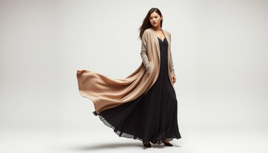 A well-lit, high-quality image showcasing a stunning long cardigan elegantly draped over a floor-length dress. The cardigan should be made of a soft, luxurious fabric like cashmere or wool, in a neutral color palette like beige, gray, or black. The dress should be a flowing, romantic style, perhaps in a complementary hue or a bold, jewel-toned color. The model should be posed in a natural, relaxed stance, with the cardigan and dress cascading gracefully around their figure. The background should be a minimalist, studio-style setting, with soft, directional lighting accentuating the textures and silhouettes. The overall mood should convey a sense of effortless sophistication and timeless style.