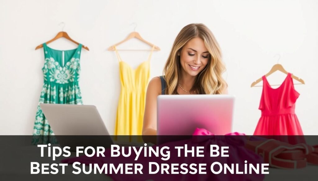 A well-lit, high-resolution image of a woman browsing dresses on a laptop, surrounded by colorful summer dress items displayed on a table. The woman's expression is one of focused consideration as she scrolls through an online store, with a neutral background that allows the dresses to take center stage. The image conveys a sense of ease and thoughtfulness, reflecting the &quot;Tips for Buying the Best Summer Dresses Online&quot; section of the article.