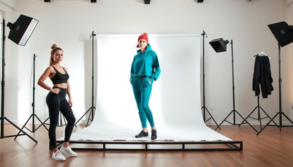 A well-lit photoshoot studio showcasing a collection of versatile athleisure outfits. In the foreground, a female model effortlessly displays a sleek black yoga set with a sports bra and leggings, paired with stylish white sneakers. In the middle ground, another model wears a vibrant teal tracksuit with a cropped hoodie and slim-fit joggers, accessorized with a beanie. The background features a minimalist backdrop with subtle geometric patterns, allowing the outfits to take center stage. The lighting is soft and natural, creating a warm, inviting atmosphere that highlights the comfort and versatility of these athleisure ensembles.