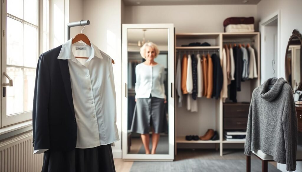 A well-lit, spacious women's dressing room with sunlight filtering through large windows. In the foreground, a collection of essential wardrobe items neatly arranged - a crisp white button-down shirt, a classic black blazer, a flattering A-line skirt, a pair of dark denim jeans, and a comfortable knit sweater. In the middle ground, a full-length mirror reflects the outfits, allowing visualization of the looks. The background features a tasteful wardrobe with hanging garments, shelves displaying folded clothes, and a discreet vanity with makeup essentials. The scene exudes an air of sophistication, practicality, and timeless style suitable for women over 50.