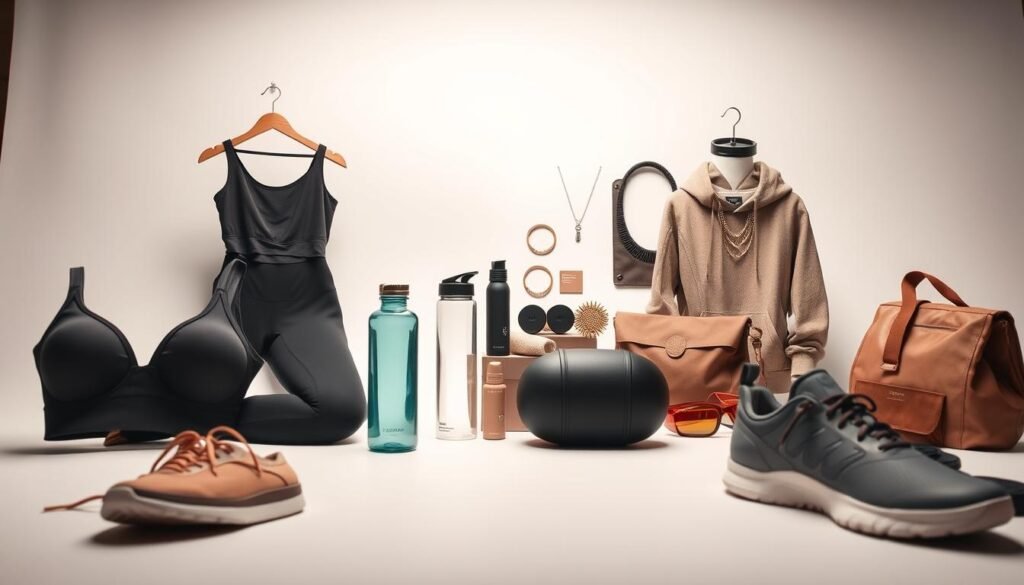A well-lit studio scene capturing the artful styling of athleisure accessories. Prominent in the foreground, a range of premium workout gear and lifestyle items - sleek sports bras, seamless leggings, sculpting hoodies, and minimalist sneakers in muted hues. In the middle ground, an array of niche wellness products like reusable water bottles, stylish sweatbands, and statement jewelry pieces. The background features a clean, airy backdrop that highlights the premium, elevated aesthetic of the athleisure ensemble. Soft, directional lighting illuminates the textures and details of the accessories, conveying an effortless, elevated vibe perfect for running daily errands in style.