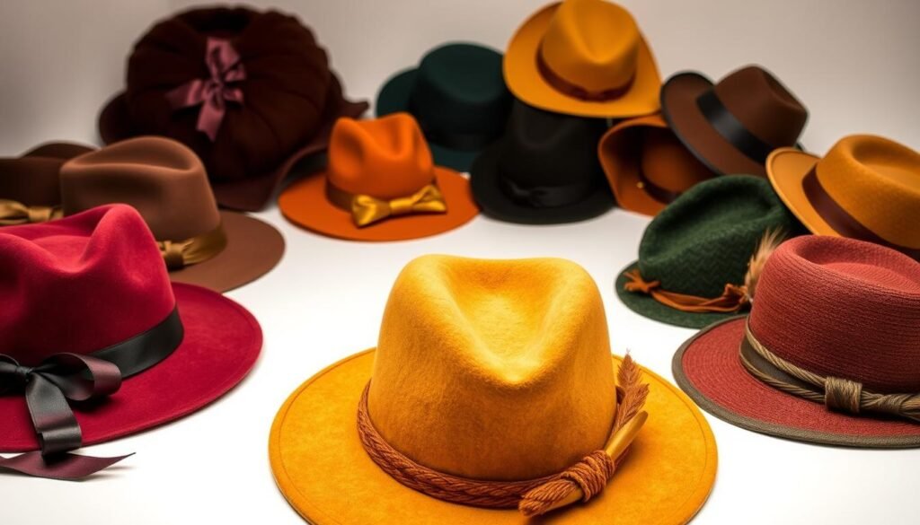 A well-lit studio scene showcasing a variety of stylish fall hats for women. In the foreground, an assortment of fedoras, wide-brimmed hats, and berets in autumnal shades of burgundy, mustard, and forest green. The middle ground features close-up shots of the hats' textures and details, such as ribbon accents, feather embellishments, and braided trim. The background is a minimalist backdrop, allowing the hats to take center stage. The lighting is soft and flattering, creating a warm, cozy atmosphere that evokes the feel of the fall season. The composition emphasizes the diversity of shapes, colors, and materials that make up the perfect fall hat to flatter any face shape.