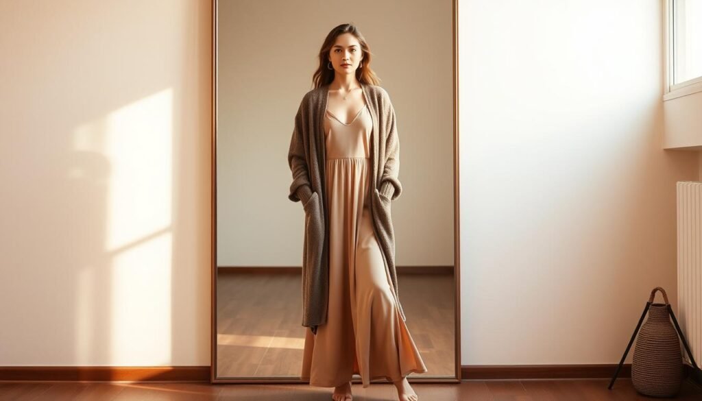 A well-lit studio scene with a full-length mirror reflecting the elegant combination of a long, flowing dress in a soft, muted color palette and a cozy, oversized cardigan in a complementary hue. The model, posed confidently, showcases the flattering silhouette created by the layered look, highlighting how the long cardigan and dress work together to flatter and accentuate different body types. The lighting is warm and natural, creating a serene, inviting atmosphere that emphasizes the effortless style of the outfit. The camera angle is positioned to capture the full ensemble, allowing the viewer to appreciate the harmonious blend of textures and colors.