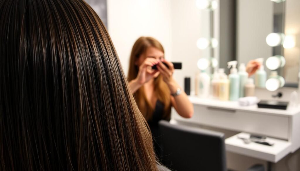 A well-lit studio setting showcasing the careful maintenance of beaded row hair extensions. In the foreground, a model's head with a neat row of shiny, lustrous beaded extensions. The middle ground highlights the delicate process of brushing and conditioning the extensions, using high-quality products. The background features a vanity with professional-grade tools like extension-specific combs and clips, creating an atmosphere of attentive salon care. The lighting is soft and diffused, accentuating the healthy shine of the extensions. The overall mood is one of expert, meticulous attention to detail, ensuring the longevity and beauty of the beaded row hairstyle.