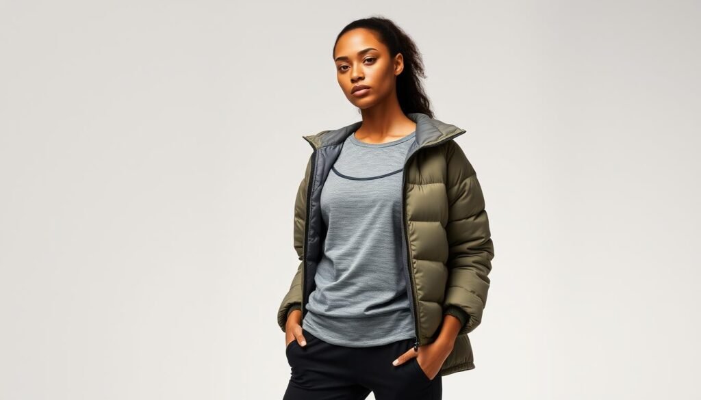 A well-lit studio shot of a fashion model demonstrating athleisure layering techniques. The model wears a sleek black compression base layer, paired with a soft heather grey workout top and a lightweight puffer jacket in a muted olive tone. The clothing exhibits a harmonious color palette and seamless integration of different athleisure pieces. The model stands in a relaxed, casual pose, showcasing how these layers can be mixed and matched for a polished yet comfortable everyday look. Soft, diffused lighting highlights the textures and contours of the garments, creating an inviting, aspirational atmosphere.