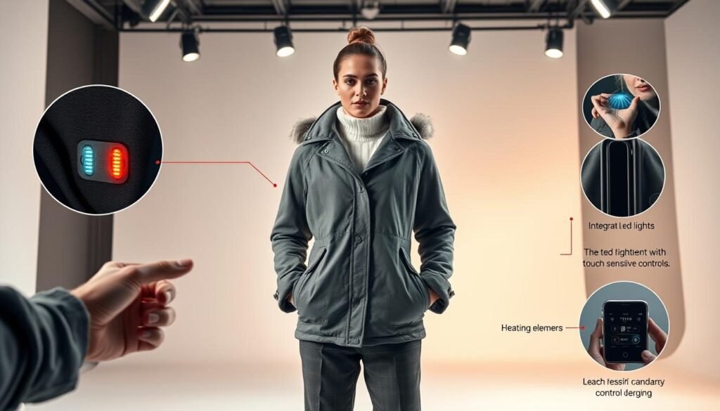 A well-lit studio shot of a fashion model showcasing a stylish winter outfit made with cutting-edge smart fabric technology. The model is positioned in the middle ground, confidently displaying the garment's features. The foreground shows intricate details of the fabric, which has integrated LED lights, heating elements, and touch-sensitive controls. The background features a clean, minimalist set design with neutral tones to highlight the technical innovations. The lighting is soft and flattering, with a slight rim light to accentuate the fabric's texture. The camera angle is slightly elevated to create a sense of authority and sophistication around the smart clothing tech.