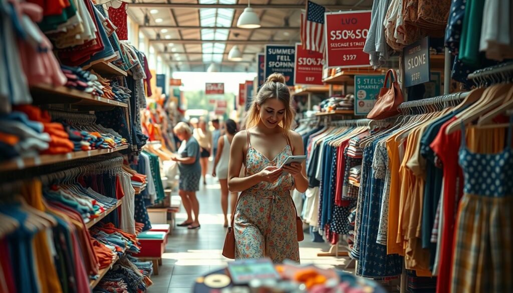 A well-lit, vibrant marketplace scene with a central focal point of a savvy shopper examining price tags and comparing items. In the foreground, shelves brimming with a variety of summer clothing and accessories, neatly organized by color and style. The shopper, dressed in a chic yet practical summer outfit, is surrounded by other shoppers methodically browsing the stalls. The middle ground features vendor stalls displaying a diverse range of fashionable yet affordable summer wares, with helpful signage highlighting deals and discounts. The background showcases the bustling atmosphere of the marketplace, with people moving through the aisles and the warm glow of natural sunlight filtering through. An overall sense of energy, organization, and smart shopping strategies permeates the scene.