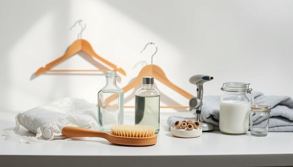 A well-organized still life of essential clothing care items arranged on a clean, white background. In the foreground, a delicate lace garment bag, a wooden clothes brush, and a glass bottle of fabric softener. In the middle ground, a set of wooden hangers and a metal steamer. In the background, a soft gray towel and a small glass jar of laundry detergent. Soft, natural lighting illuminates the scene, highlighting the textures and colors. The overall mood is serene and elegant, reflecting the refined aesthetic of the "Chic Red, White & Blue Looks" article.