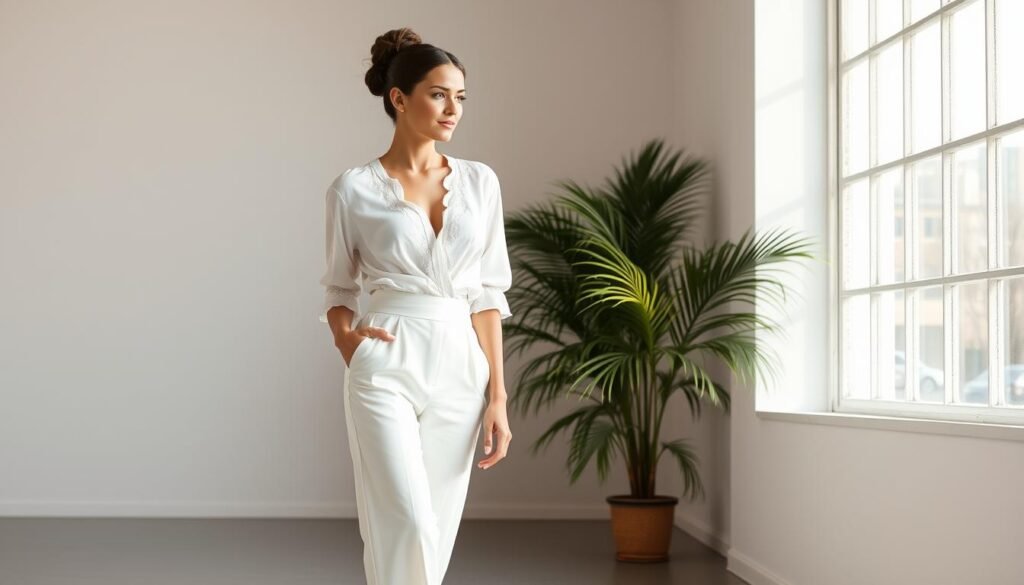 A well-styled woman stands confidently in a bright, airy studio, dressed in a chic white trouser outfit. The high-waisted trousers flow elegantly, accented by a tucked-in blouse with delicate lace detailing. Soft, natural lighting filters through large windows, casting a warm, flattering glow on the model's face and outfit. Her hair is styled in a sleek, sophisticated updo, complementing the minimal, elegant aesthetic. The overall mood is one of effortless sophistication, showcasing how white trousers can be dressed up or down for a variety of occasions.