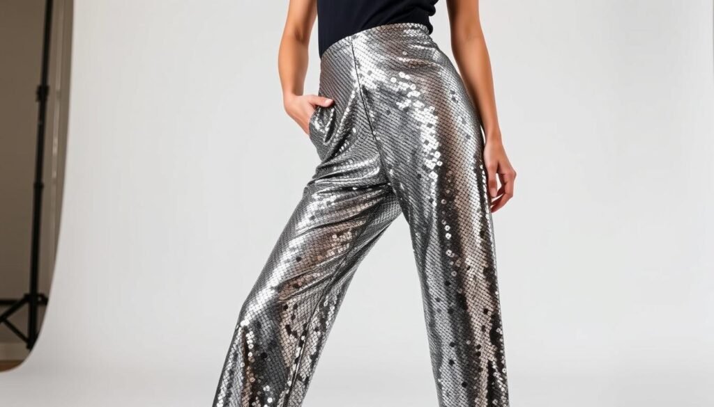 A well-styled woman stands confidently in a studio setting, wearing a pair of shimmering sequin pants that flatter her figure. The pants feature a high-waisted, straight-leg cut and are adorned with a dazzling array of reflective sequins that catch the light and create a mesmerizing effect. The model's pose is relaxed yet elegant, with one hand on her hip and the other hanging naturally by her side. The lighting is soft and flattering, with a mix of natural and studio lighting that highlights the sequins and the model's features. The background is a clean, minimalist studio space with a plain white backdrop, allowing the focus to remain on the stunning sequin pants and the model's confident styling. The overall mood is one of sophistication, glamour, and a touch of playfulness, perfectly capturing the essence of styling sequin pants for different body types.