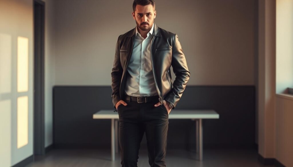 A well-tailored leather jacket worn over a crisp white button-up, paired with slim-fit black slacks and polished leather oxfords. The outfit is bathed in warm, directional lighting, casting dramatic shadows and highlights that accentuate the sleek, professional silhouette. In the background, a minimalist office setting with clean lines and muted colors provides a refined, elegant backdrop. The overall mood is one of modern sophistication and effortless style, suitable for a corporate environment.