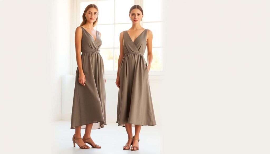 A well-tailored midi dress with a flattering A-line silhouette, flowing from the waist in a soft, elegant drape. The fabric has a subtle sheen, reflecting the warm afternoon light filtering through large windows. The dress is paired with delicate strappy sandals and minimal jewelry, allowing the dress to take center stage. The model stands confidently, her relaxed pose highlighting the dress's versatility. The background is a clean, neutral setting, placing the focus entirely on the midi dress and its timeless, sophisticated appeal.