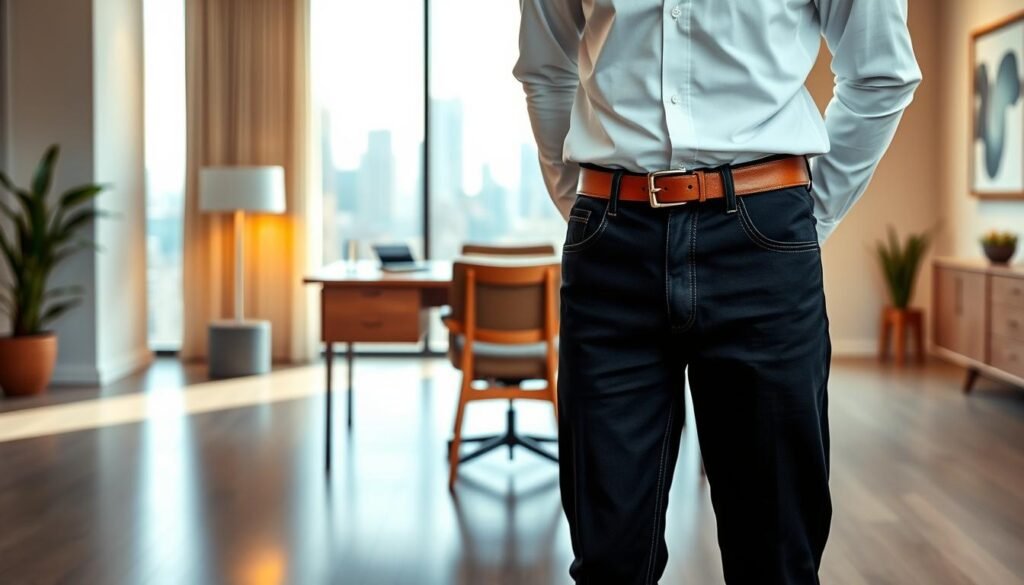 A well-tailored pair of black jeans, crisp and professional, stands in a modern office setting. Soft, indirect lighting casts a warm glow, highlighting the clean lines and subtle sheen of the denim. In the foreground, the jeans are paired with a classic white button-down shirt, tucked neatly into the waistband. A sleek, leather belt cinches the waist, adding a touch of refinement. The middle ground features a polished, wooden desk and a minimalist, scandinavian-inspired chair, creating a sophisticated, yet approachable atmosphere. In the background, a large window overlooking a bustling city skyline provides a glimpse of the professional world beyond, while subtle, abstract artwork on the walls adds a touch of creativity to the space.