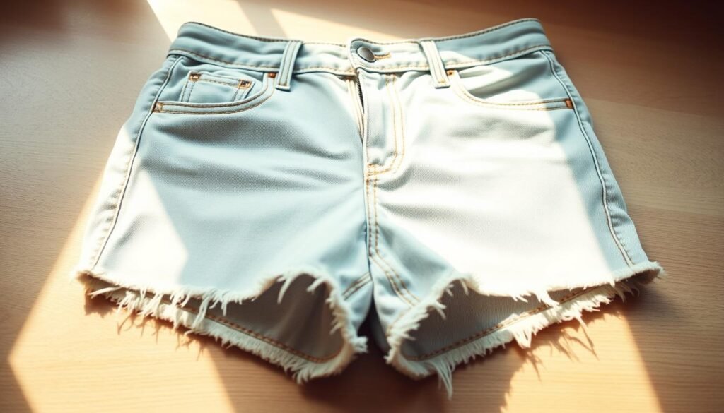A well-worn pair of Parker cutoff shorts in a light, faded wash, with a mid-thigh length and gently frayed hems. The shorts are laid out on a wooden surface, illuminated by soft, natural lighting that casts warm shadows. The focus is on the intricate stitching and worn fabric, capturing the casual, summer-ready vibe of this iconic style. The background is slightly blurred, creating a clean, minimalist composition that allows the Parker shorts to be the star of the image.