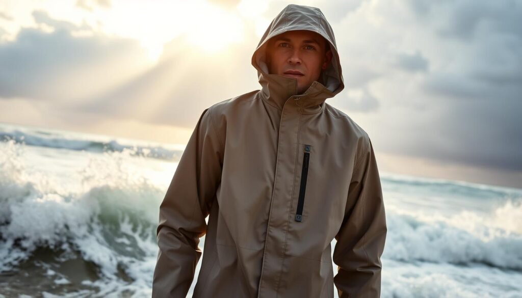 A windproof, water-resistant beachwear jacket in a muted ocean-inspired palette. The jacket features a high collar, a drawstring hood, and reinforced seams to protect against coastal winds. It is modeled against a backdrop of crashing waves, with the sun's rays peeking through dramatic storm clouds. The jacket's sleek, technical design and the powerful natural setting create a sense of rugged, adventurous style that is perfect for embracing the elements on a cold beach day.