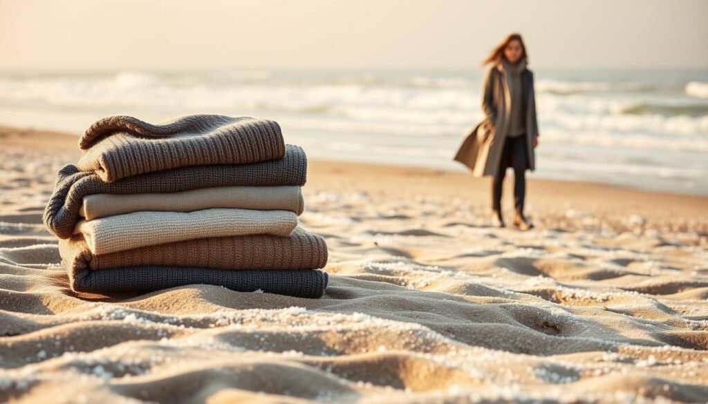 A windswept winter beach, the sand dusted with a light layer of snow. In the foreground, a neatly folded capsule wardrobe of cozy knits, chic outerwear, and weatherproof boots, arranged with care. The middle ground showcases a model dressed in a neutral-toned ensemble, their silhouette framed by the distant crashing waves and a soft, hazy sky. Warm, natural lighting bathes the scene, creating a serene, inviting atmosphere. The overall composition conveys the essence of a practical, versatile cold-weather beach style.