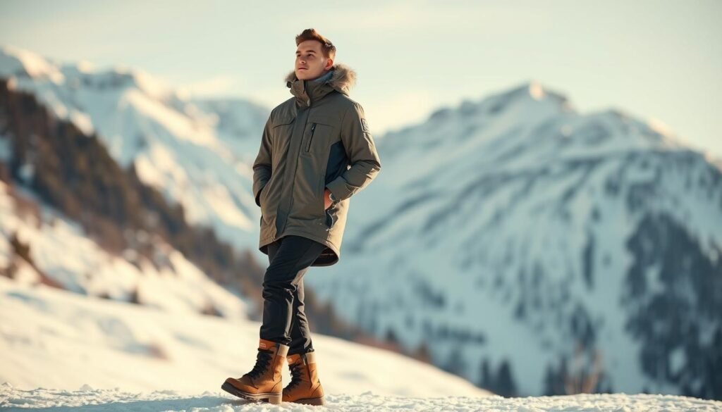 A winter resort wear outfit set against a snowy mountain backdrop, featuring a fashionable ski parka with waterproof lining, insulated trousers, and sturdy snow boots. The model stands in a graceful, dynamic pose, gazing outward with a confident expression. Soft, natural lighting gently illuminates the scene, creating a warm, inviting atmosphere. The overall aesthetic evokes a sense of adventure, practicality, and stylish winter leisure.