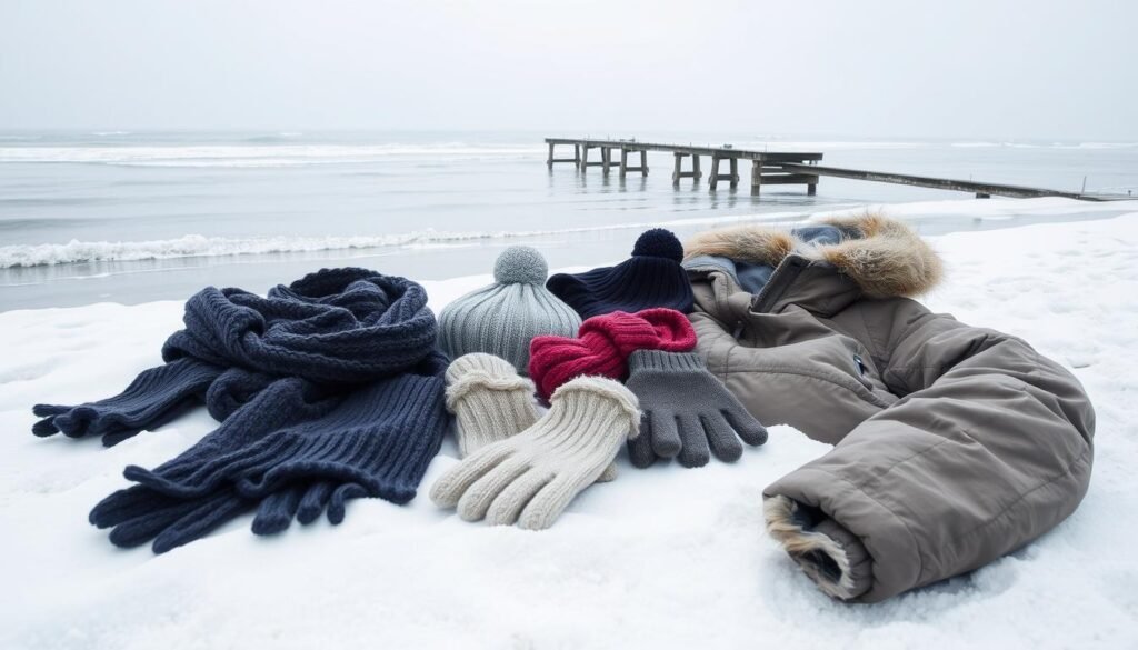 A wintery shoreline scene with an assortment of cold weather beach accessories artfully arranged in the foreground. Thick knit scarves, cozy gloves, a stylish beanie, and a plush, hooded jacket laid out on a bed of pristine, powdery white sand. The middle ground features gently lapping waves of a frozen ocean, their edges sparkling with ice crystals under the soft, diffused light of an overcast sky. In the distance, a weathered wooden dock juts out into the calm waters, its structure partially obscured by wisps of fog. The overall mood is one of serene, winter tranquility, inviting the viewer to imagine wrapping up in these practical yet fashionable essentials before venturing out into the chilly, coastal air.