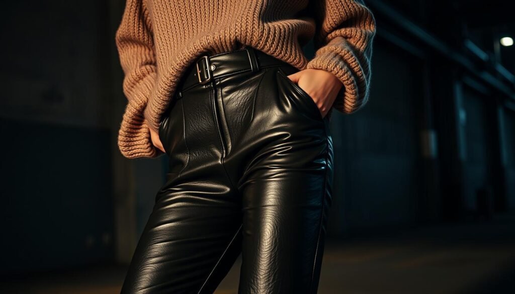 A woman wearing a stylish winter outfit featuring leather-lined trousers. The trousers have a slim, tailored fit and a glossy, textured surface that catches the light. The waistband is accentuated with metal hardware, adding an edgy touch. The outfit is completed with a cozy, oversized knit sweater in a neutral shade, creating a balance between comfort and sophistication. The lighting is a moody, ambient mix of warm and cool tones, casting dramatic shadows that highlight the leather's depth and sheen. The model is posed confidently, one hand tucked casually into the pocket, conveying a sense of effortless cool. The background is a minimalist, urban setting with a few industrial elements, reinforcing the overall aesthetic of the ensemble.