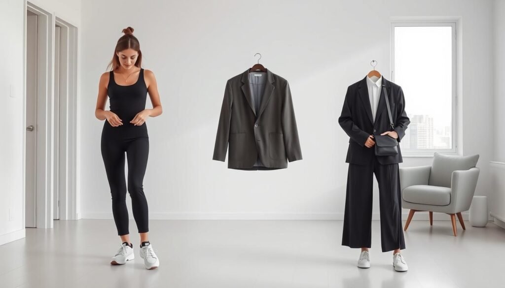 A young woman standing in a well-lit, minimalist home, wearing a sleek, monochrome athleisure outfit. She is adjusting her sneakers, getting ready to transition her look from casual home wear to a stylish street-ready ensemble. The middle ground features a tailored blazer, a structured crossbody bag, and accessories that effortlessly bridge the gap between the relaxed at-home wear and a polished, urban-chic aesthetic. The background showcases a clean, contemporary cityscape, hinting at the versatility of the athleisure wear as it moves from the private to the public sphere. Soft, diffused lighting and a slightly elevated camera angle create a aspirational, editorial feel to the scene.