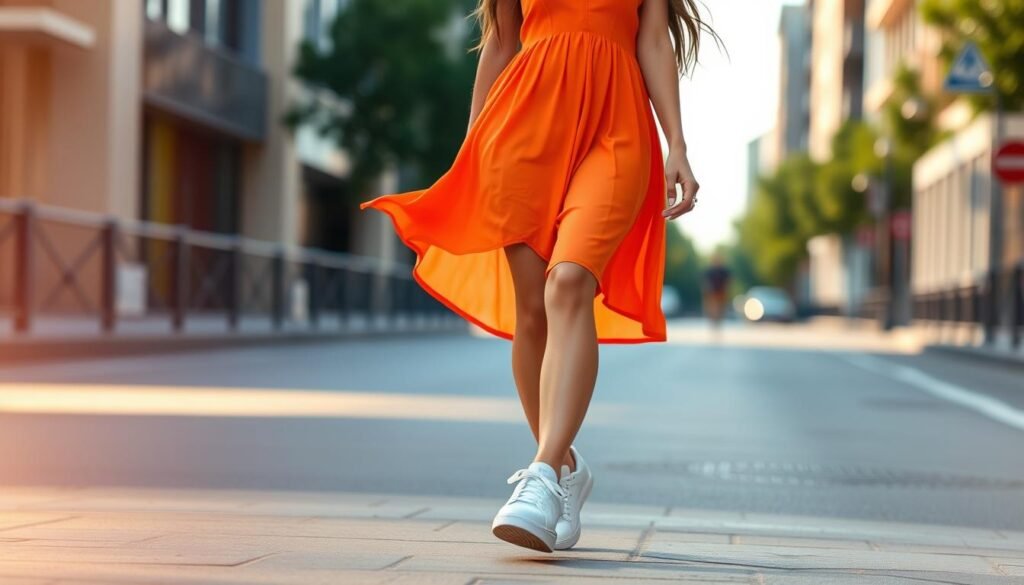 A young woman strolling down a city street, wearing a stylish mini dress in a vibrant shade, paired with a pair of crisp white sneakers. The dress flows gracefully around her legs, creating an effortless, casual-chic look. The sneakers provide a comfortable, sporty contrast, elevating the ensemble. Warm, natural lighting illuminates the scene, casting a soft glow on the model's features. The background is a blurred urban landscape, hinting at the lively, trendy setting. The overall mood is relaxed, confident, and fashion-forward, showcasing the versatility of mixing mini dresses and sneakers.
