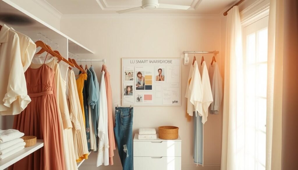 An airy, sun-dappled scene of a chic, well-organized closet. In the foreground, a variety of stylish summer wardrobe essentials are neatly arranged on sleek shelves: billowing dresses, crisp button-downs, and distressed denim. The middle ground features a thoughtfully curated mood board, with magazine clippings, color swatches, and handwritten notes, hinting at a strategic approach to building the perfect summer wardrobe on a budget. In the background, a large window floods the space with warm, golden light, casting a serene, contemplative atmosphere. The overall composition conveys a sense of effortless sophistication and a measured, mindful approach to smart summer fashion.