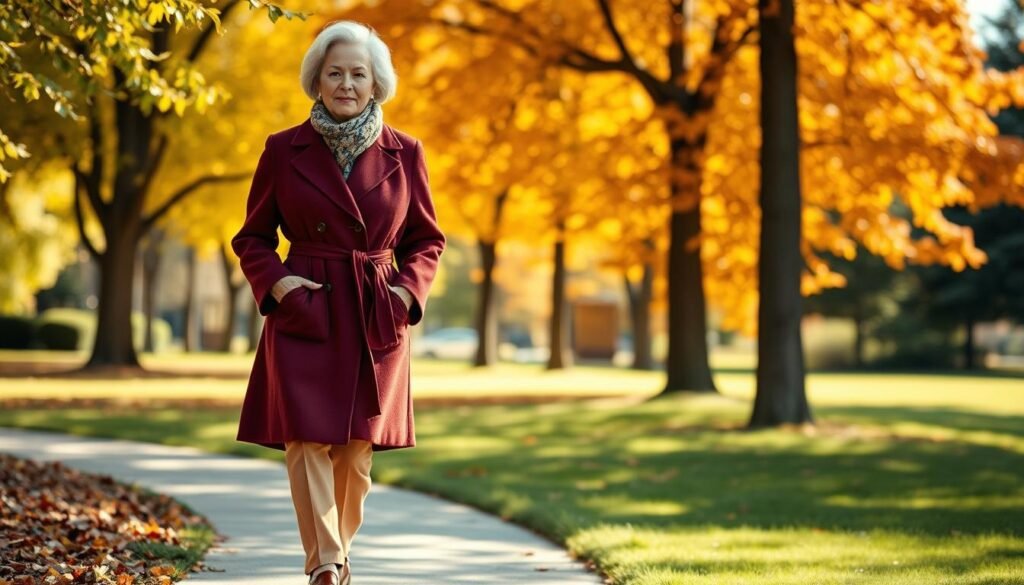 An elegant older woman strolling through a sun-dappled park, her autumn-hued ensemble perfectly suited to the season. In the foreground, a classic wool coat in a rich burgundy hue, cinched at the waist and paired with tailored trousers in a complementary camel tone. Her feet are adorned with polished leather loafers, providing both style and comfort. In the middle ground, a cozy knit scarf in a tonal pattern frames her face, which is enhanced by natural-looking makeup. The background features a vibrant palette of fall foliage, with dappled light filtering through the trees, creating a warm and inviting atmosphere. The overall look exudes timeless sophistication and effortless charm.