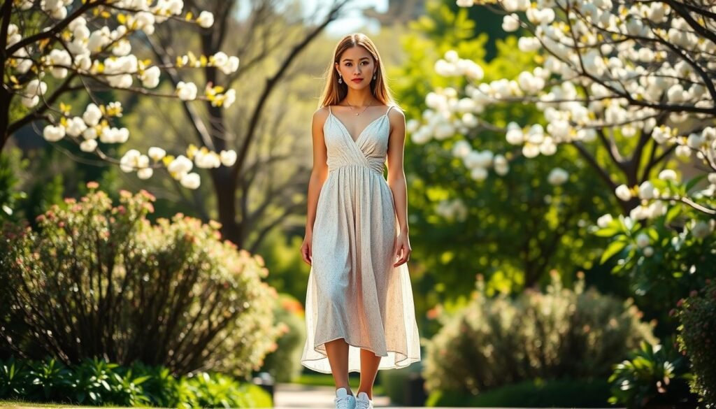 An elegant young woman stands centered in a sun-dappled outdoor scene, wearing a flowing, midi-length dress with a V-neckline and a subtle floral print. Her dress harmonizes perfectly with a pair of pristine white low-top sneakers, blending casual and formal elements effortlessly. The natural lighting casts a warm, golden glow, accentuating the woman's confident and relaxed pose. The background features a lush, verdant garden, with blossoming flowers and trees adding a sense of tranquility and beauty to the overall composition.